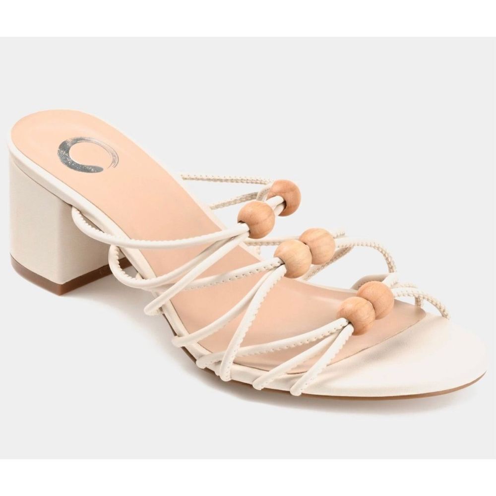 Journee Collection Sandals Size 6.5 Ivory Slip On Block Heel‎ Open Toe Strappy